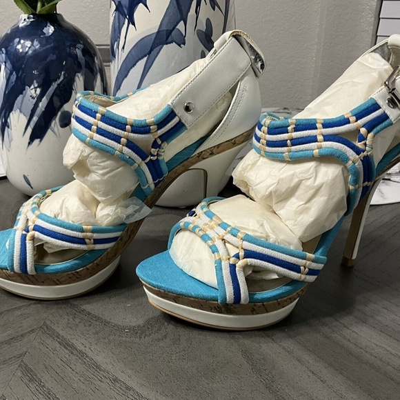 BAKERS TURQUOISE BONITA CRISS CROSS HIGH HEEL PEEP TOE PUMPS 8M - Picture 3 of 5